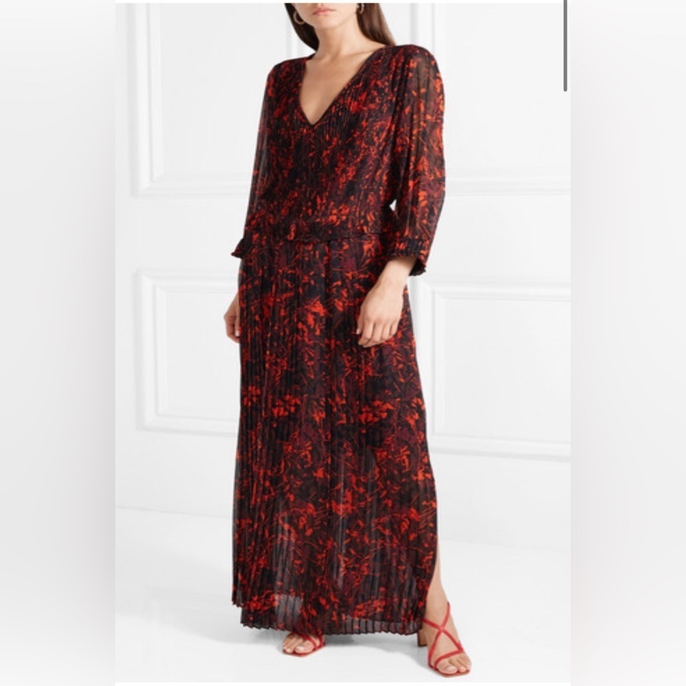 MIDOTTER PLEATED PRINTED CHIFFON MAXI DRESS IN BLACK